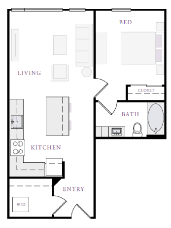 Floor plan for 1 bed, 1 bath, 743 sqft